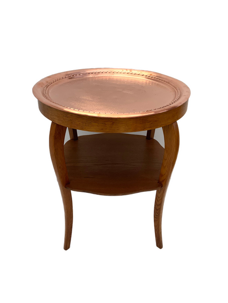 Antique Art Deco Copper Try Table, Removable Oak Round Side Table 1930s