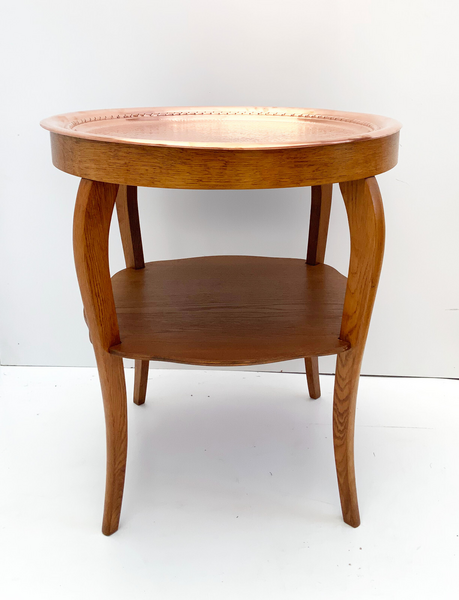 Antique Art Deco Copper Try Table, Removable Oak Round Side Table 1930s photo furniture
