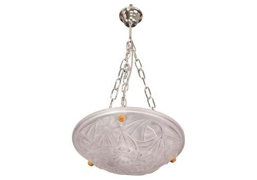Art Deco Top Quality Pendant Light Floral Decorations, Signed Degué
