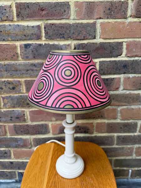 Hand Painted Pink Canvas Lampshade   Cressida Bell Signed Retro Pop Art Concentric Circles 90s Bold Lighting Shade Boho Decor
