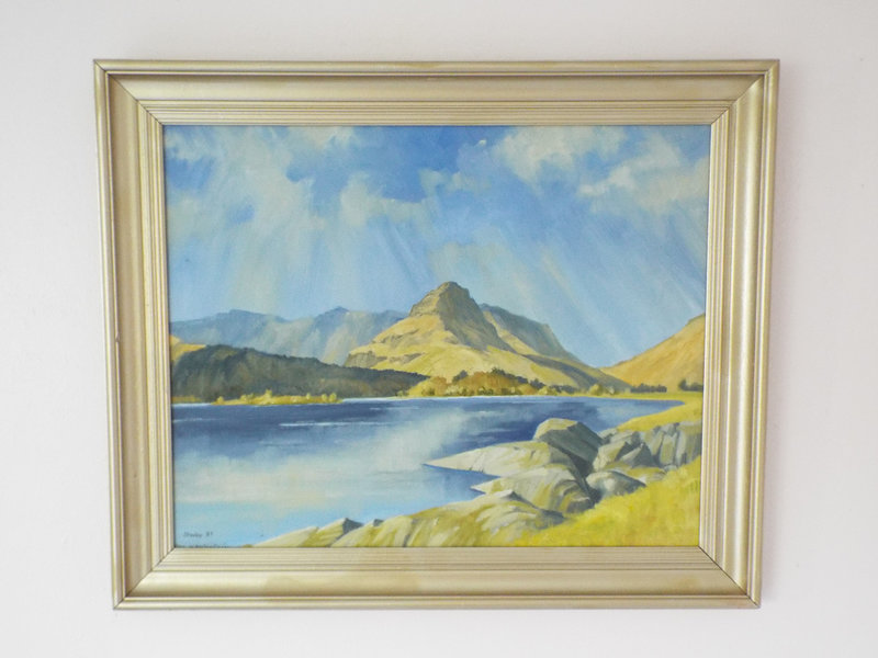 Vintage Oil Painting Lake Mountains Landscape Signed Framed Vintage Oil Painting Lake Mountains Landscape Signed Framed Original Gold Photo