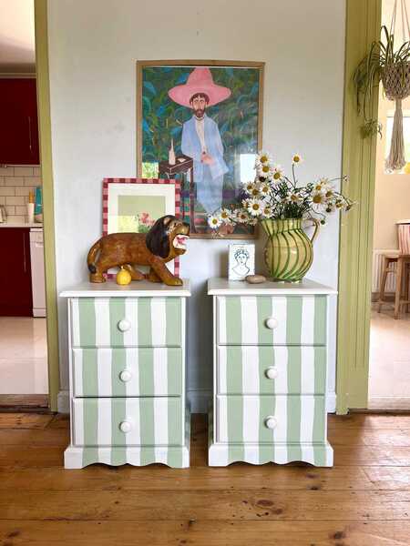Beautiful Pair Of Green And White Stripe Matching Bedside Tables