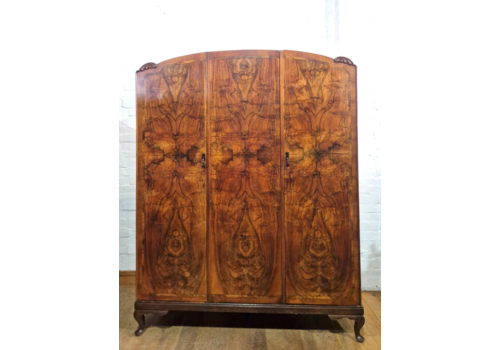 Antique Vintage Art Deco Burr Walnut Triple Door Wardrobe