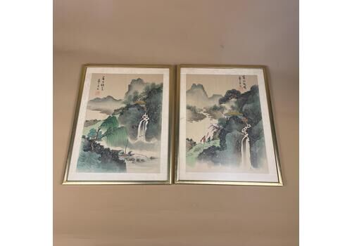 Pair Of Hand Painted Silk Paintings Japanese Scenic Artwork Oriental Art Framed Gold Wood Frame Portrait Misty Waterfall Wall Hangings Decor