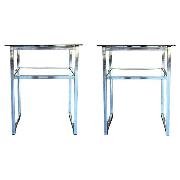 Mid Century Modern Italian Pair Of Chrome Side Tables, Circa 1970