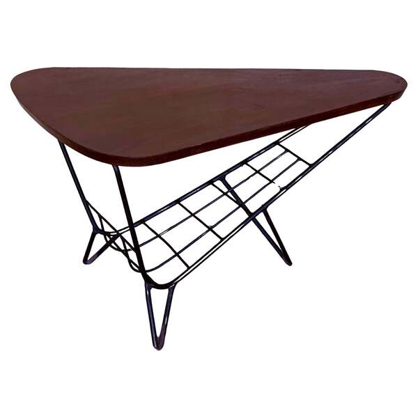 Danish Triangular Coffee Table With Magazine Rack Metal And Teak, 1960s