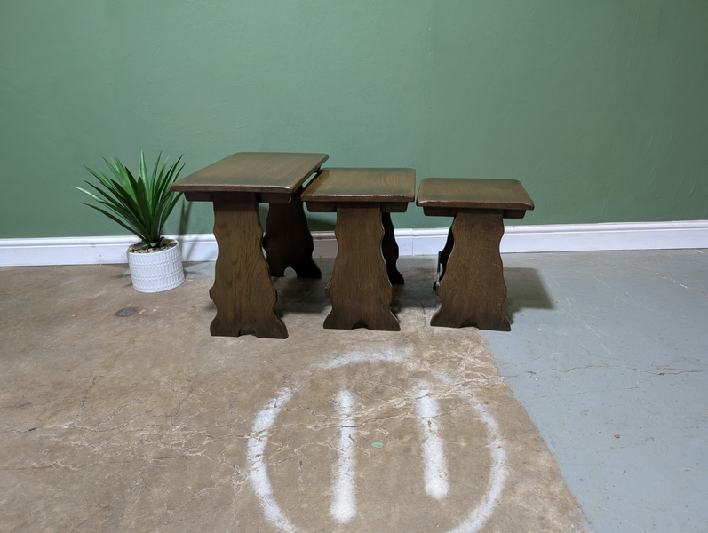 Vintage Nest Of 3 Tables Solid Oak Wooden Coffee Side Lamp Retro Nesting