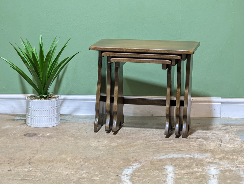 Vintage Nest Of 3 Tables Solid Oak Wooden Coffee Side Lamp Retro Nesting photo for sale