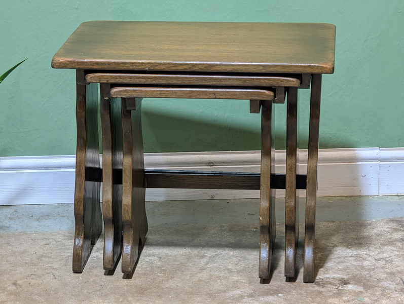 Vintage Nest Of 3 Tables Solid Oak Wooden Coffee Side Lamp Retro Nesting photo Furniture
