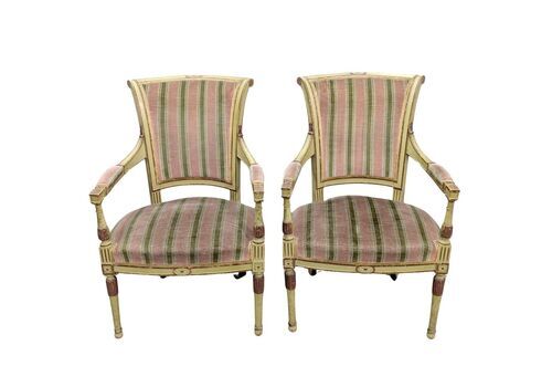 Pair Of Directoire Style Armchairs, Lacquered And Painted, With Green Velvet Tops