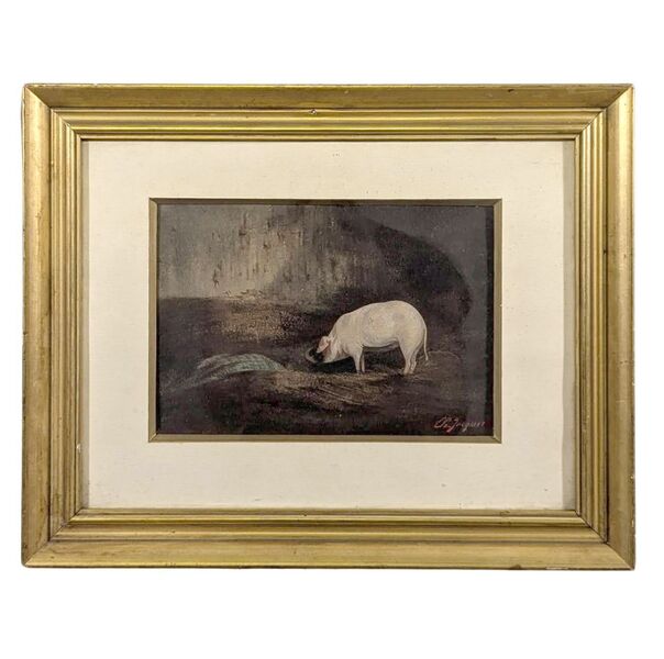 Gouache Of Charles Jacques Pig In Its Stable