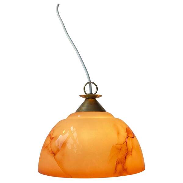 Scandinavian Functionalist Ceiling Lamp In Brass And Pink Marble Glass, 1940s
