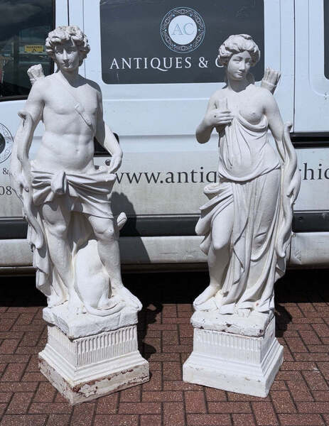 Classical Diana & The Hunter Garden Statues On Based. Large In Size .