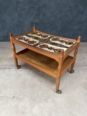 Midcentury Modern Tile Inlay Rolling Table By Henning Kjærnulf, 1960s