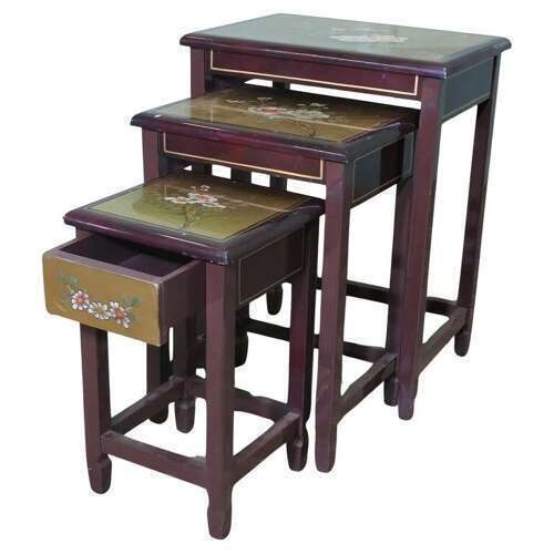 Nest Of 3 Lacquered Painted Chinoiserie Tables