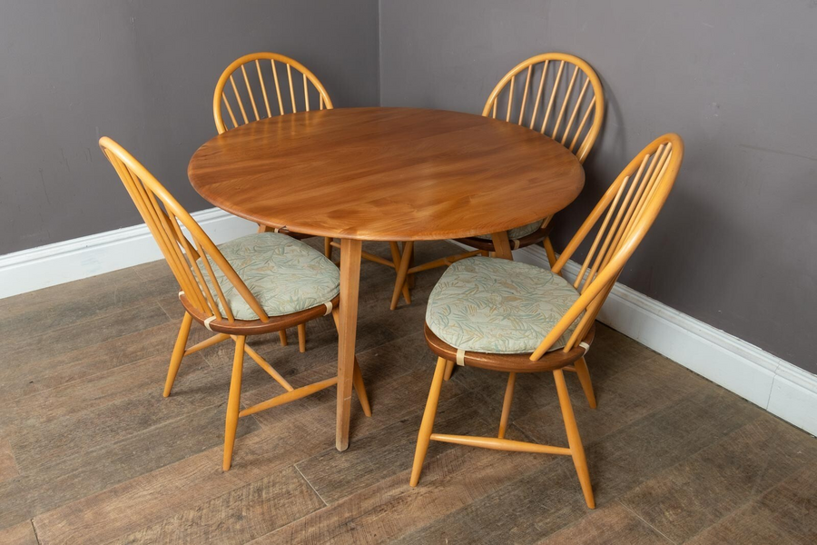 Vintage Retro Ercol Light Elm Drop Leaf Dining Table And 4 Windsor Chairs