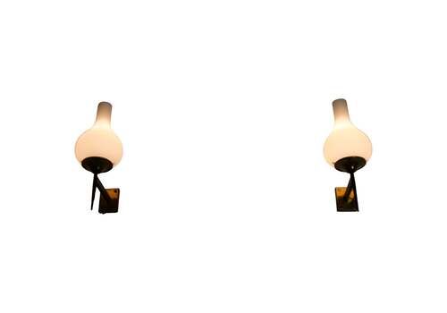 Pair Of Brass And Opaline Wall Lamps By Stilnovo, Italy, 1960s