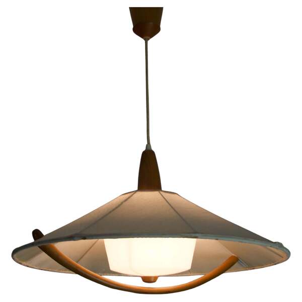 Midcentury Teak And Fabric Shade Hanging Lamp By Temde, Circa 1960