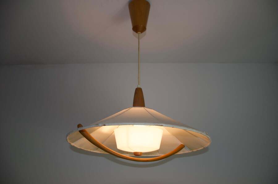 Midcentury Teak And Fabric Shade Hanging Lamp By Temde, Circa 1960 photo Lighting