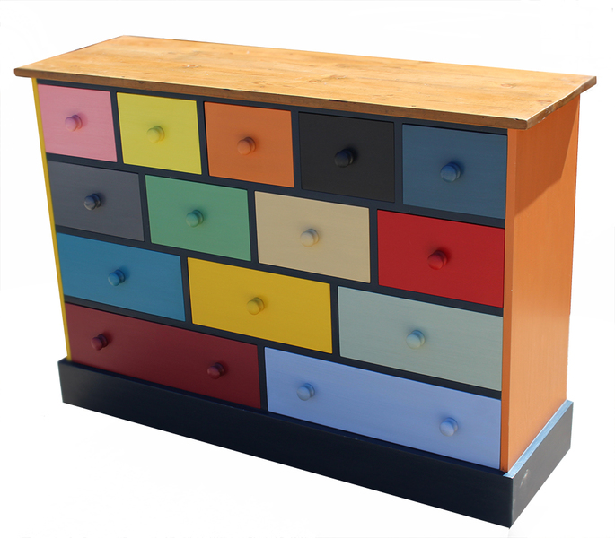 Hand Painted Multicoloured 14 Bank Of Drawers With Reclaimed