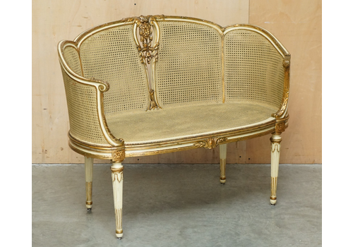 Louis XVI French Carved Giltwood Double Caned Bergere Settee Sofa Window Seat