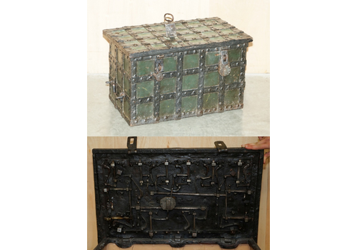 Fine Mid 17th Century German Wrought Iron Safe Chest Trunk With Original Key