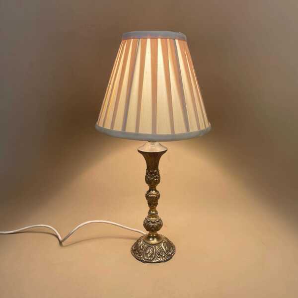 Antique Metal Gold Brass Lamp Light Bedside Side Table Column Ornate Detail Round Base Vintage Pattern Patterned Pleated Lampshade Shade