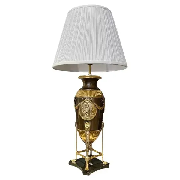 19th Century Empire Style Lamp In Gilt Bronze And Brown Patina With Marble Base