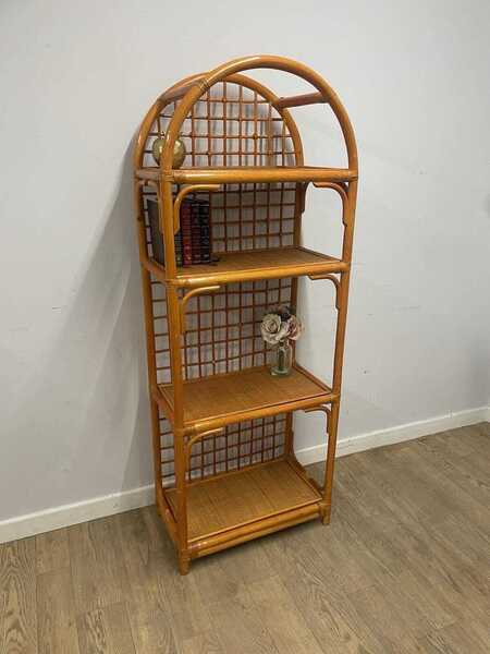 Vintage Bamboo Etagere Shelf Unit – Arched Rattan Bookcase, Tall Boho Shelving, Retro Wicker Display Stand