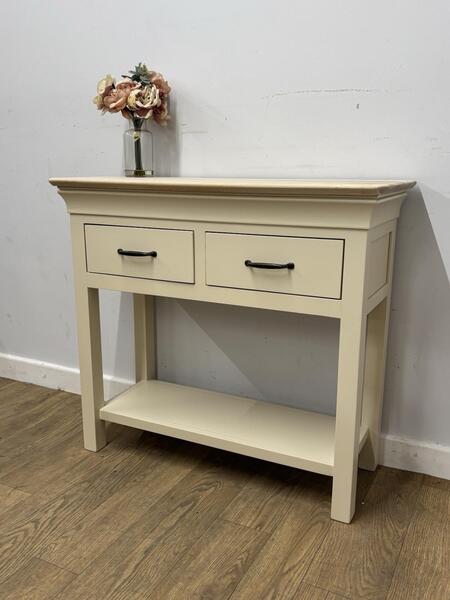 Oak Console Table – Farrow & Ball Off White, 2 Drawer Hall Table With Shelf, Lamp Table