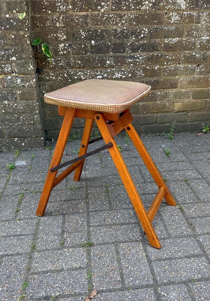 Mid Century Folding Wooden Stool With Upholstered Seat, Vintage 1950s ...