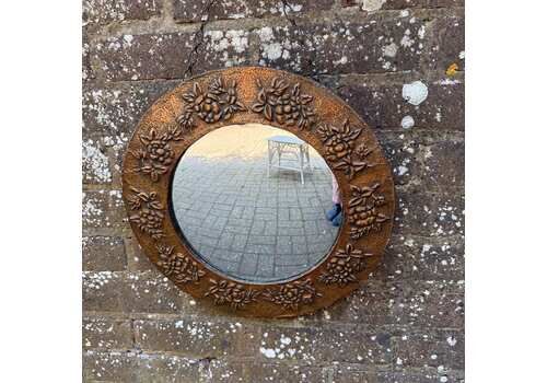 Antique Arts & Crafts Copper Repoussé Floral Round Mirror, Early 20th Century Art Nouveau Mirror, Hand Forged Metal Frame Mirror With Chain