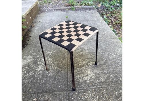 Mid Century Woven Webbing Stool – 1960s Industrial Iron Frame Footstool, Pink & Black Checker Seat, Retro Modernist Accent   Refurb Project
