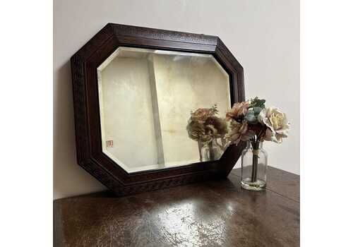 Vintage Octagonal Wall Mirror – Dark Wood Frame With Aged Foxed Glass, Vanity Or Styling Prop