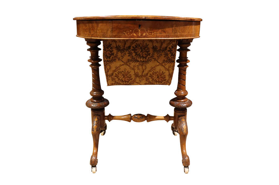 Victorian Inlaid Walnut Sewing Table With Stretcher Base – Circa 1870