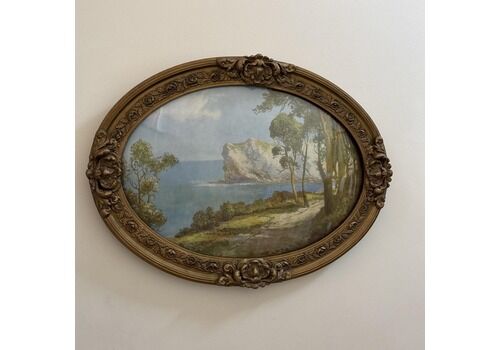 Vintage Oval Framed Coastal Landscape Print – Gilt Gesso Frame With Rose Details, Seaside Wall Art, Romantic Antique Style Decor