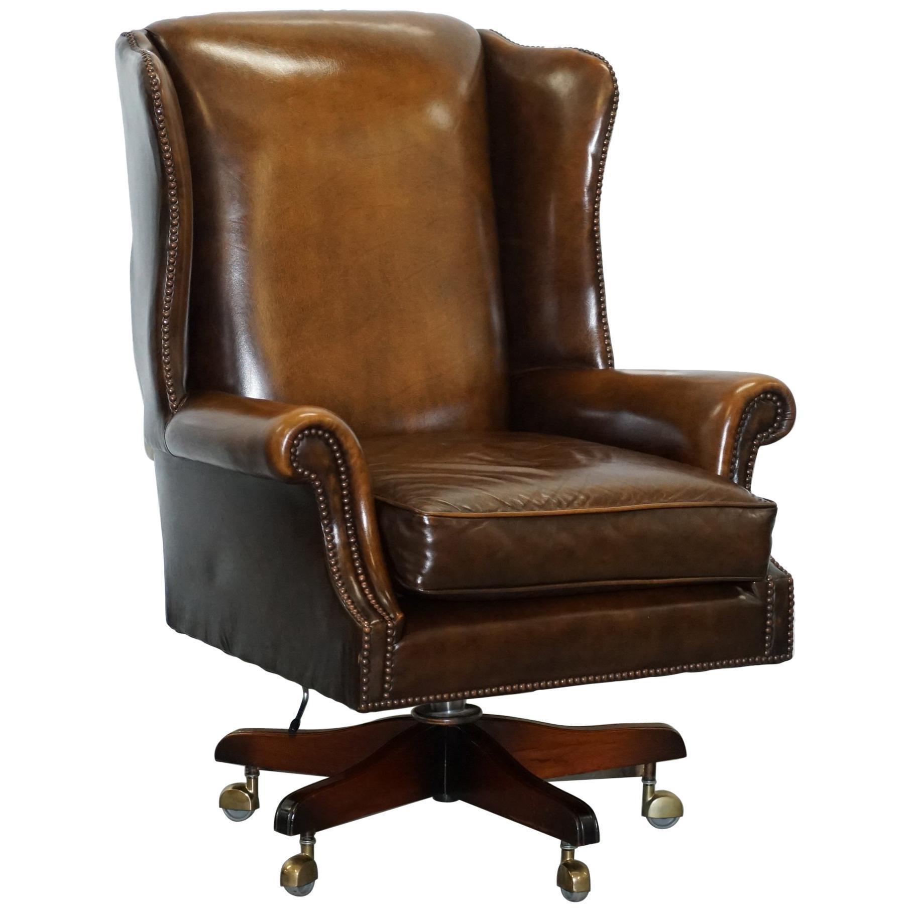 Vintage Harrods London Oversized Brown Leather Wingback Office Captains Chair Harrods London Art Forma Vinterior