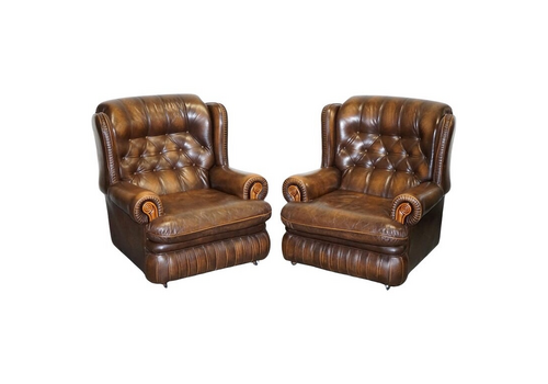 Vintage Pair Of British Made Brown Aged Leather Monk Chesterfield Armchairs