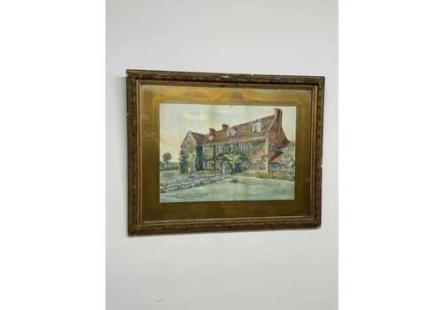 Vintage Framed Art, “The Manor House” Country Scene, Traditional English Home, Ornate Gilt Frame Wall Art, Countryside Landscape Painting