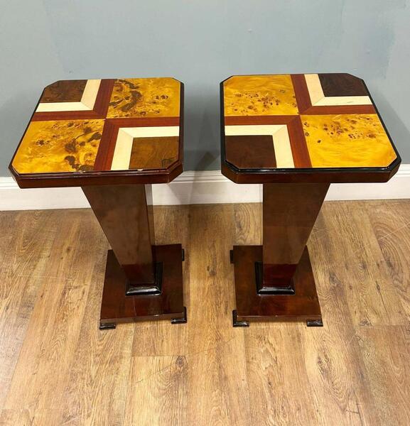 Pair Art Deco Pedestal Stands Side Tables Inlay