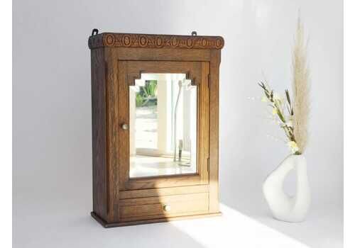 Antique Art Deco Wooden Wall Cabinet With Beveled Mirror, Oak Apothecary With Carved Details, Medicine Cabinet With Shelf And Drawer