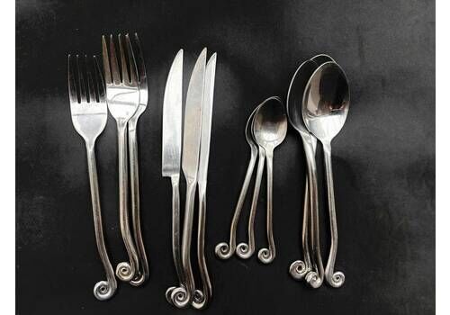 Set 12 Flatware Swirl Twist Cutlery French Twisted Ends Spiral Ends Brutalist Decor Medieval Viking Style Handmade Gift Wedding