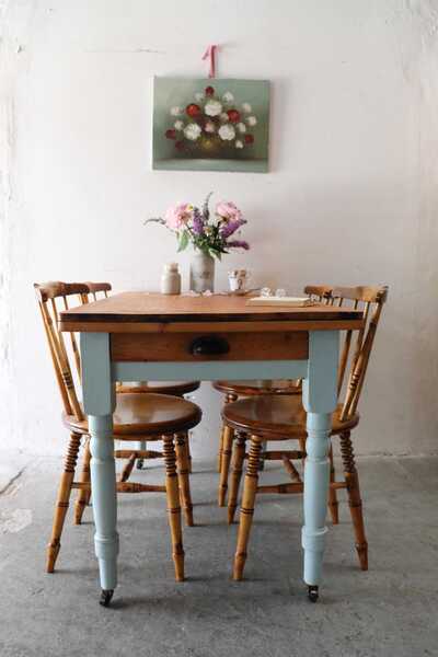 Lovely Pine Kitchen Table In Duck Egg Blue With Turned Legs On Castors And Cutlery Drawer