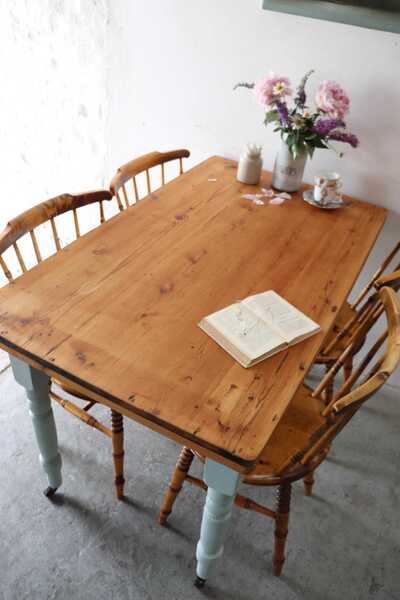Lovely Pine Kitchen Table In Duck Egg Blue With Turned Legs On Castors And Cutlery Drawer photo Furniture