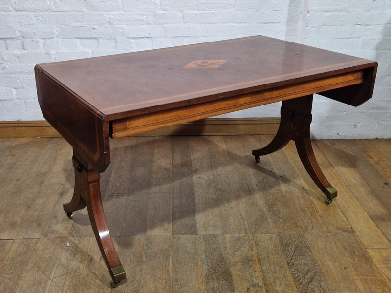 Antique Danish Inlaid Mahogany Folding Sofa Table Library Table Dining Table