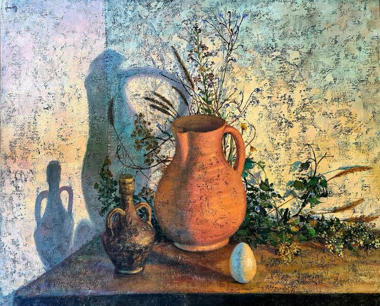 C Lin林 Still Life On Canvas, Pitcher, Egg And Shadows