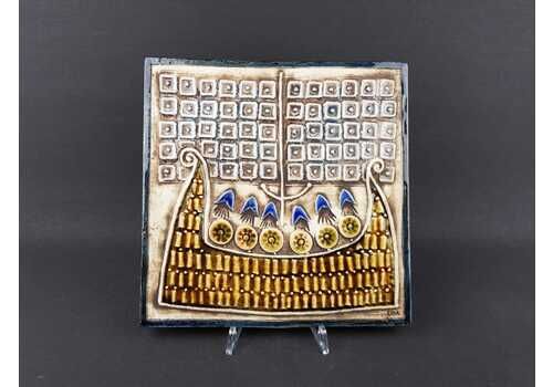 Vintage Lisa Larson For Gustavsberg, Tile With Viking Ship From The Unik Series Sweden 1962 1967s
