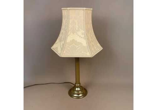 Antique Metal Gold Brass Lamp Light Bedside Side Table Desk Column Pillar Base Ornate Detail Medium Vintage Lampshade Shade Yellow Damask