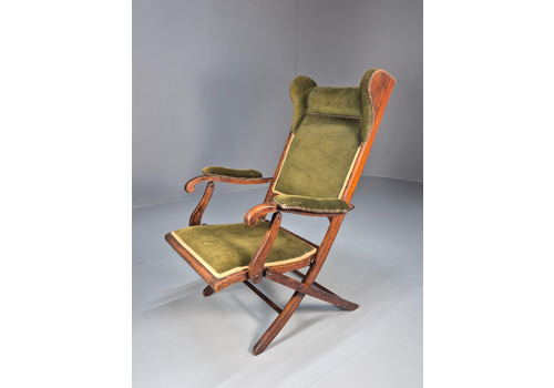 Antique Campaign Chair In Green Velour And Mahogany Victorian Eb9696 Vclo