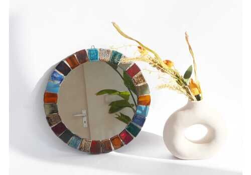 Vintage Round Colourful Mirror With Mosaic Ceramic Tiles, Handmade Mid Century Wall Mirror